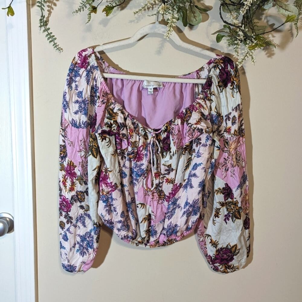 Adelyn Rae Boho Dainty Floral Blouse Tie Front Bubble Sleeves